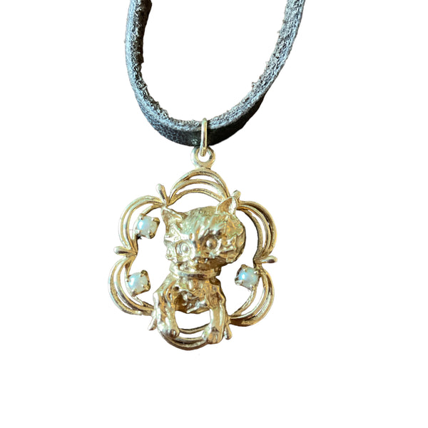 14k Cat Charm with Pearls on Leather cord Necklace Unique and Purrrrr-fit cat lover Estate item