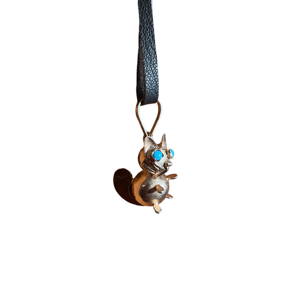 14k Cat Charm with the Turquoise Eyes Necklace on leather cord Unique 3D Estate item Calling all lovers for kitten Jewelry