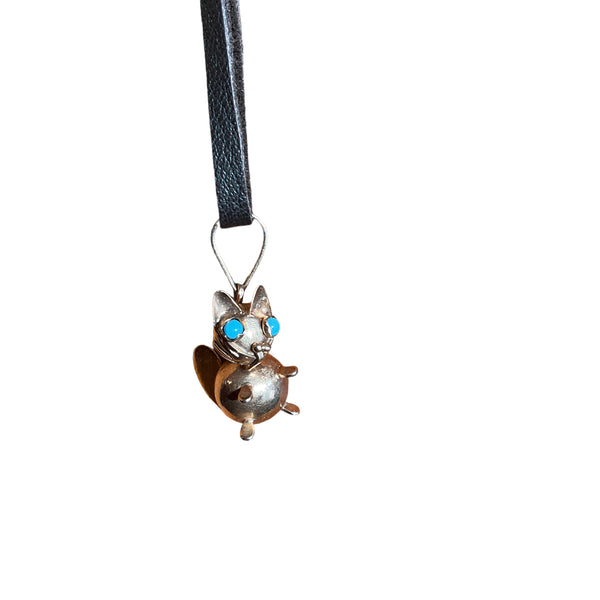14k Cat Charm with the Turquoise Eyes Necklace on leather cord Unique 3D Estate item Calling all lovers for kitten Jewelry