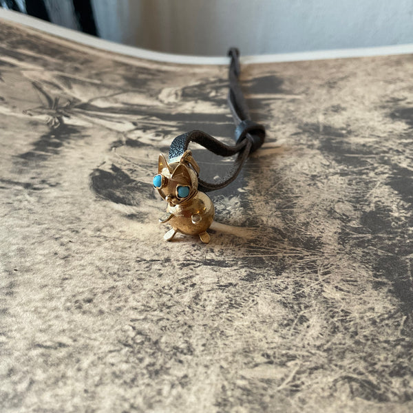 14k Cat Charm with the Turquoise Eyes Necklace on leather cord Unique 3D Estate item Calling all lovers for kitten Jewelry