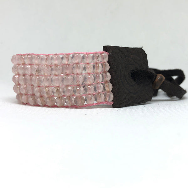 Pink Rose Quartz Handmade Beaded Bracelet with black leather and Stormie signature leather tie