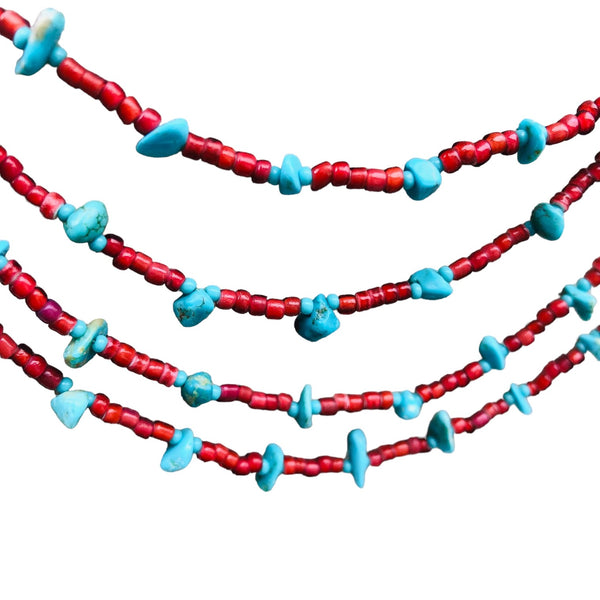 turquoise and red white heart beaded necklace