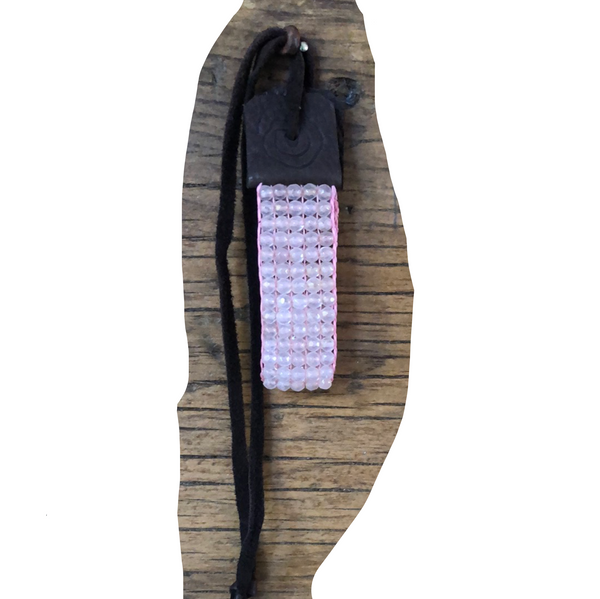 Pink Rose Quartz Handmade Beaded Bracelet with black leather and Stormie signature leather tie