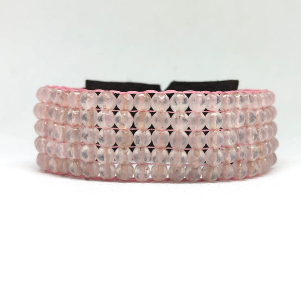 Pink Rose Quartz Handmade Beaded Bracelet with black leather and Stormie signature leather tie
