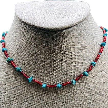 Turquoise and Red White Heart Trade Bead Necklace