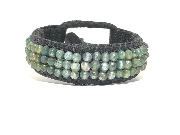 Green agate beaded bracelet webbing Stormie jewelry front view white background