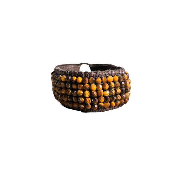 tigers eye leather bracelet front view handmade beaded gemstones