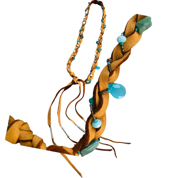 Blue Gemstone Braided Leather Hatband