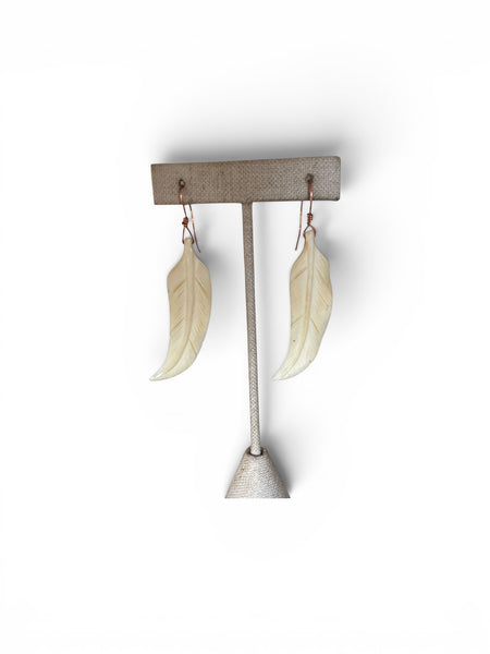 Feather Carved Bone Earrings on copper wire handmade Stormie jewelry