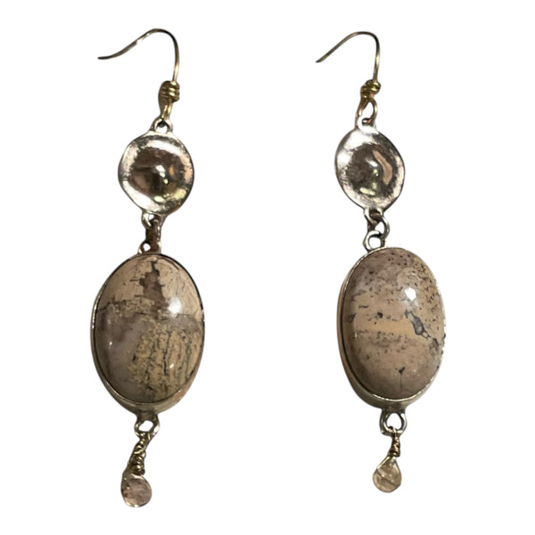 Pair of earrings with oval stones and dangling elements on a white background