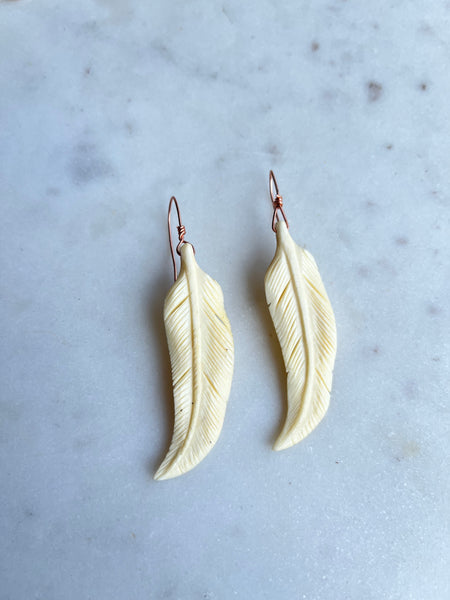 Feather Carved Bone Earrings on copper wire handmade Stormie jewelry