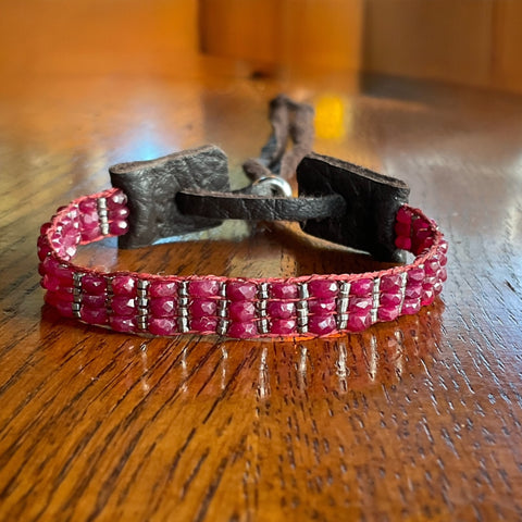 Ruby Red Gemstone Leather Handmade Bracelet for One Divine Lover -Stormie Art