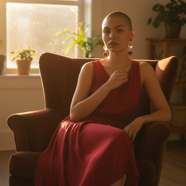 Woman in a red dress sitting in a brown armchair with plants in the background