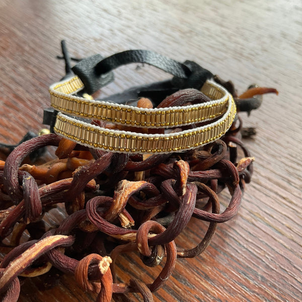 Gold Path Connects with Golden Light Mini Bracelet Stormie Original Handmade beaded design with smooth liquid gold-filled beads black leather & rare antique micro gold metal seed beads fits most sizes adjustable fit