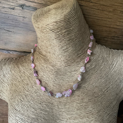 Raw pink Opal nugget necklace with antique seed beads lobster clasp closure 15 inches in length
