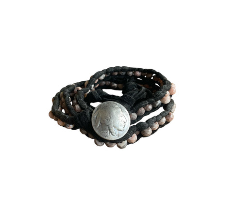 Stone of Calming Energy Red Jasper Bracelet Wrap with Genuine Indian Head Button with Black Leather/Stormie Hand Made with Intentions
