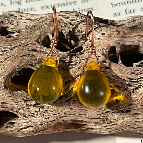 Mali Wedding Bead Gold Amber Color Teardrop Earrings - 1920s Antique Glass & Copper