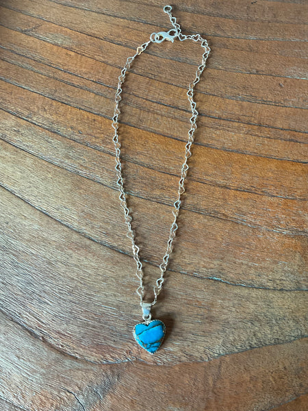Turquoise Copper Heart-Shaped Pendant Necklace Silver Heart Chain - Stormie Art