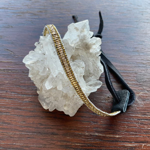 Divine Alignment Mini Bracelet Stormie Original Handmade beaded design with smooth liquid gold-filled beads black leather & rare antique micro silver metal seed beads fits most sizes adjustable fit