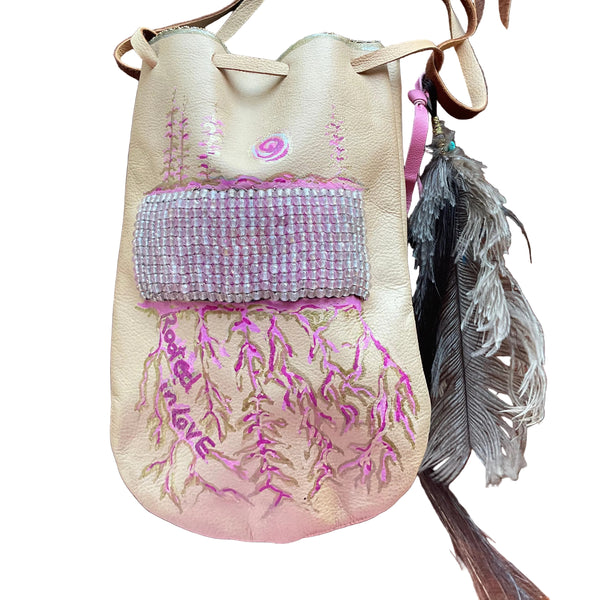 Rooted in Love Pouch Stormie Original Design with patch of Rose Quartz beadwork and antique seed beads custom hand made painted on leather