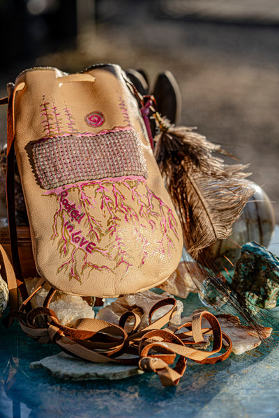 Rooted in Love Pouch Stormie Original Design with patch of Rose Quartz beadwork and antique seed beads custom hand made painted on leather