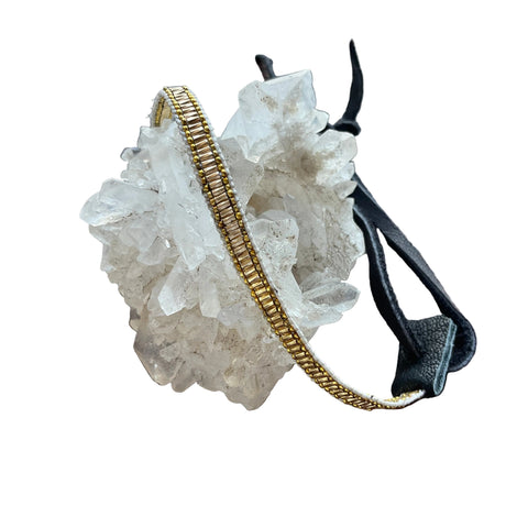 Gold Path Connects with Golden Light Bracelet Stormie Original Handmade beaded design with liquid gold-filled beads black leather & rare antique micro gold metal seed beads fits most sizes adjustable fit