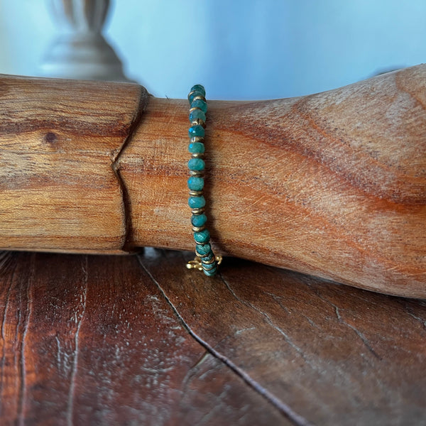 Emerald and Brass Hand Beaded Bracelet Gold - Filled Lobster Clasp