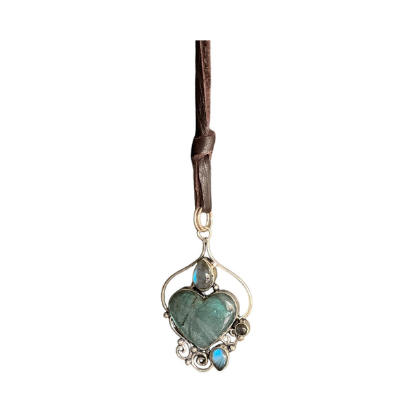 Heart Shaped Labradorite Gemstone Handmade Pendant Necklace on Brown Leather Cord