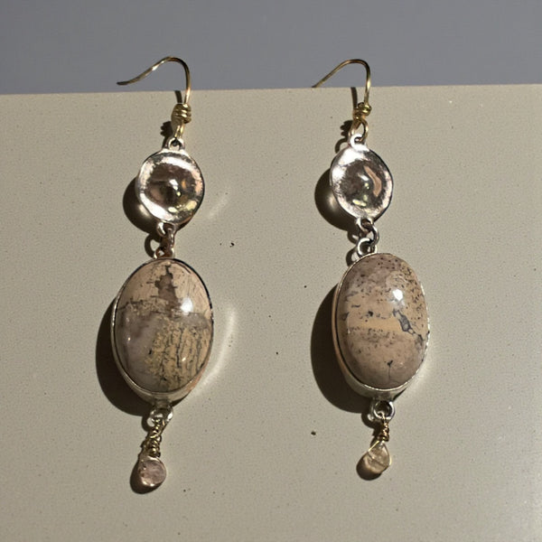 Jasper Dangle Oval Earrings Silver Disc Repurposed Stormie Design