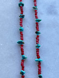 Antique Red White Heart Beads and Turquoise Nugget Beaded Necklace