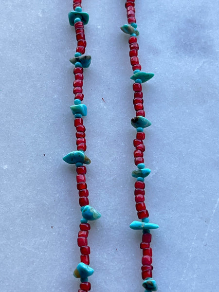 Antique Red White Heart Beads and Turquoise Nugget Beaded Necklace