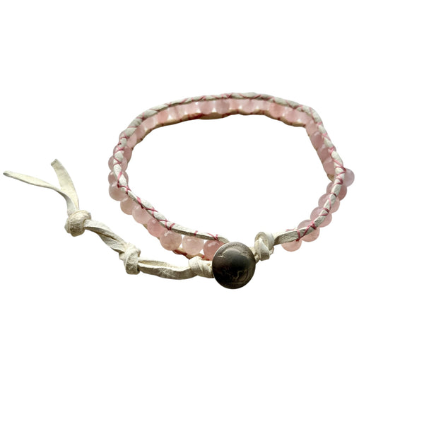 Infinite love and infinite peace Rose Quartz Bracelet Wrap with genuine Bison Coin Button White Leather/Stormie Hand Made with Intentions