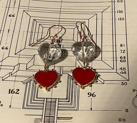 Red Hearts Clear Faceted Crystal Heart Earrings with Copper Ear Wire Stormie Design
