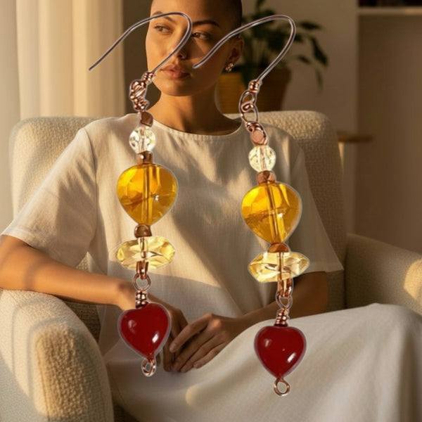 Citrine Heart Earrings with Small Red Jasper Hearts Handcrafted on Copper Ear Wire Original Stormie Design