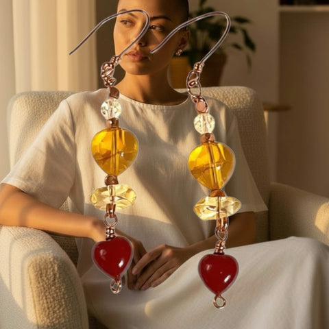 Citrine Heart Earrings with Small Red Jasper Hearts Handcrafted on Copper Ear Wire Original Stormie Design