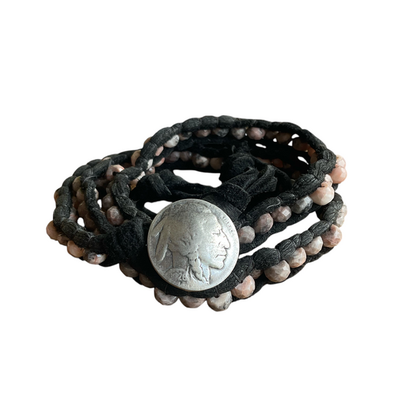 Stone of Calming Energy Red Jasper Bracelet Wrap with Genuine Indian Head Button with Black Leather/Stormie Hand Made with Intentions