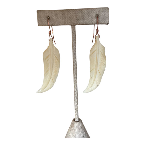 Feather Carved Bone Earrings on copper wire handmade Stormie jewelry