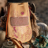 Rooted in Love Pouch Stormie Original Design with patch of Rose Quartz beadwork and antique seed beads custom hand made painted on leather