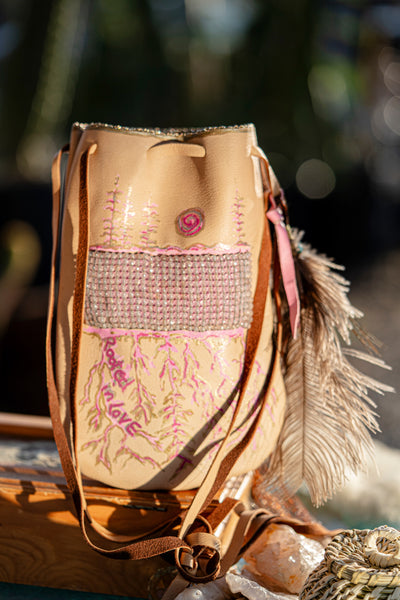 Rooted in Love Pouch Stormie Original Design with patch of Rose Quartz beadwork and antique seed beads custom hand made painted on leather