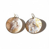 Pair of round earrings with pearl-like patterns on a white background