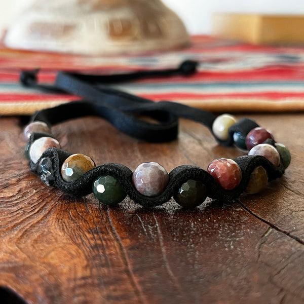 Indian Agate Zig-Zag Leather Bracelet Handwoven Beaded Jewelry