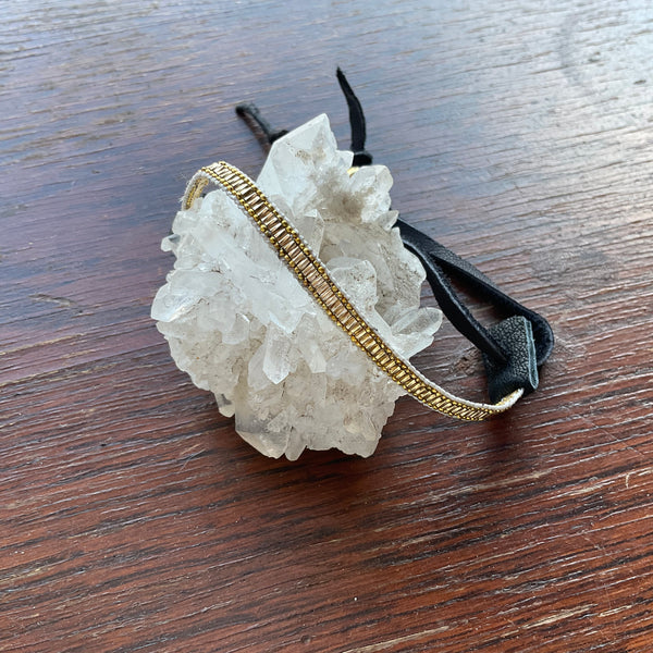 Gold Path Connects with Golden Light Mini Bracelet Stormie Original Handmade beaded design with twisted liquid gold-filled beads black leather & rare antique micro gold metal seed beads fits most sizes adjustable fit