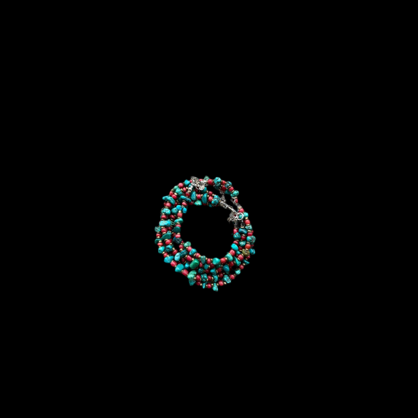 The warmth of red and turquoise is strengths and healing this Turquoise Nugget Beads & Red White Heart Trade Beads Copper Heishi Beaded Bracelet Clasp