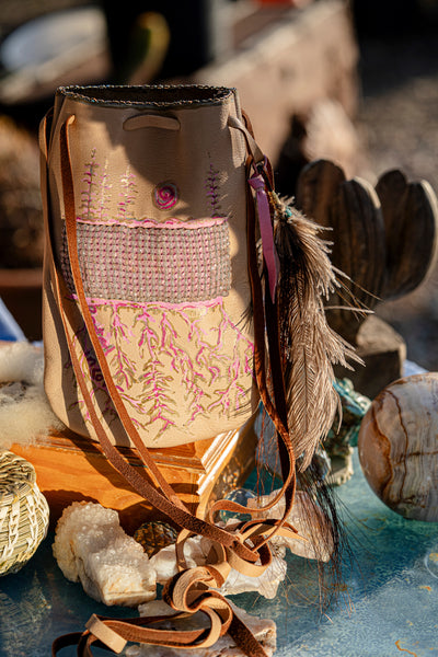 Rooted in Love Pouch Stormie Original Design with patch of Rose Quartz beadwork and antique seed beads custom hand made painted on leather