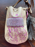 Rooted in Love Pouch Stormie Original Design with patch of Rose Quartz beadwork and antique seed beads custom hand made painted on leather