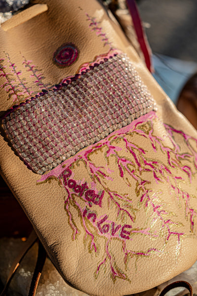 Rooted in Love Pouch Stormie Original Design with patch of Rose Quartz beadwork and antique seed beads custom hand made painted on leather