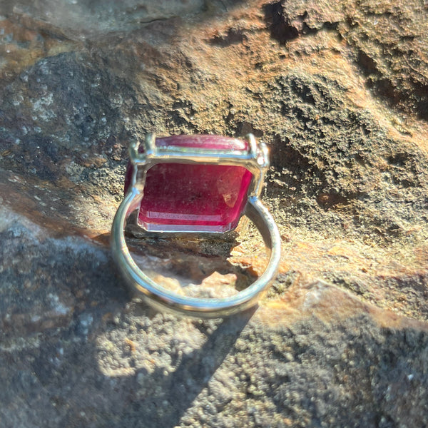 Ruby Ring “Size 9” Stormie Art Original Design Faceted Ruby Square Stone Shape and Set in Sterling Silver