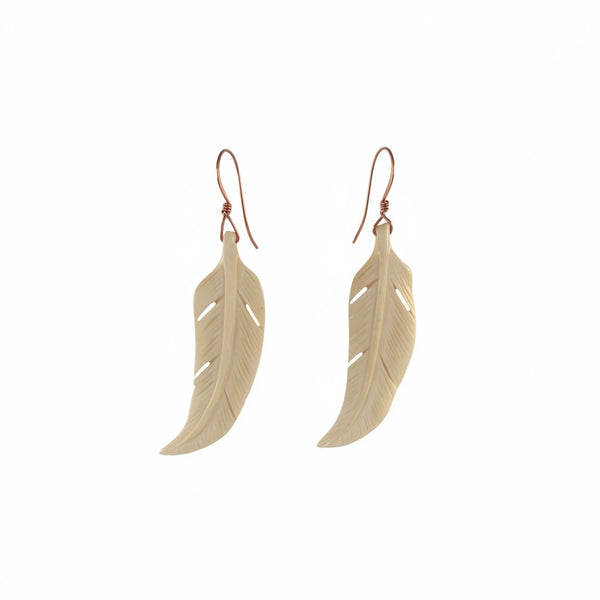 Feather Carved Bone Earrings on copper wire handmade Stormie jewelry