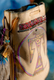 Rooted in Love Pouch Stormie Original Design with patch of Rose Quartz beadwork and antique seed beads custom hand made painted on leather