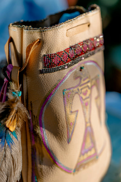 Rooted in Love Pouch Stormie Original Design with patch of Rose Quartz beadwork and antique seed beads custom hand made painted on leather